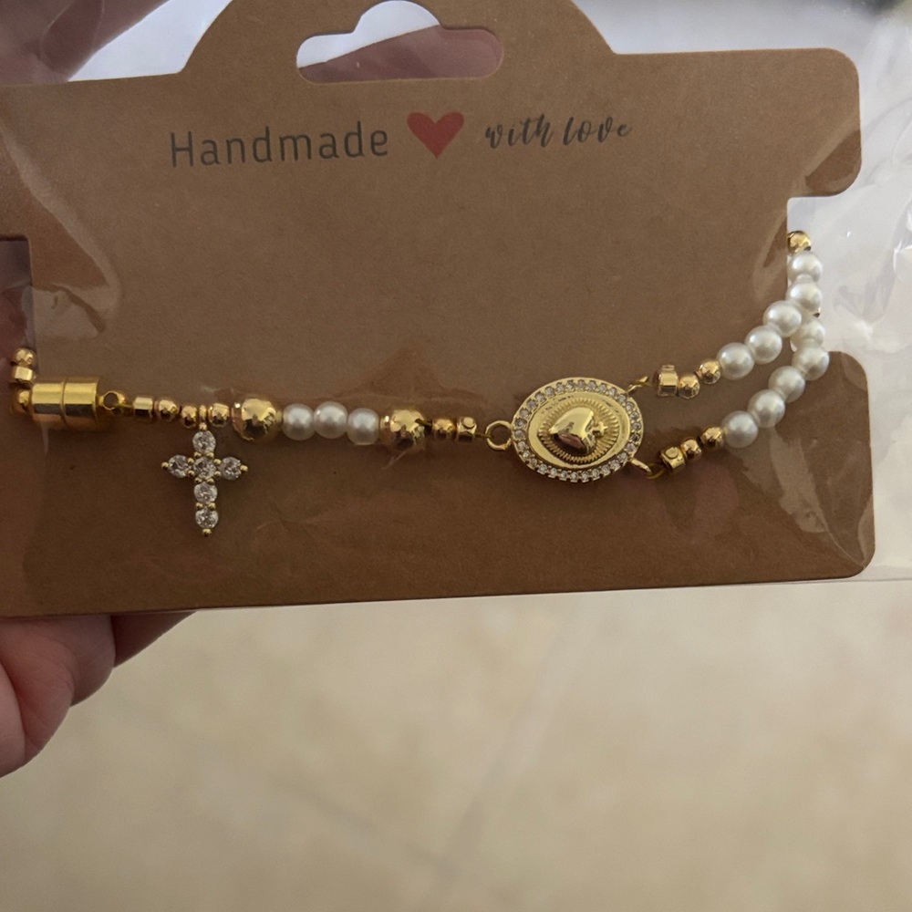 Handmade Gold & Pearl Double Strand Bracelet with Cross Charm